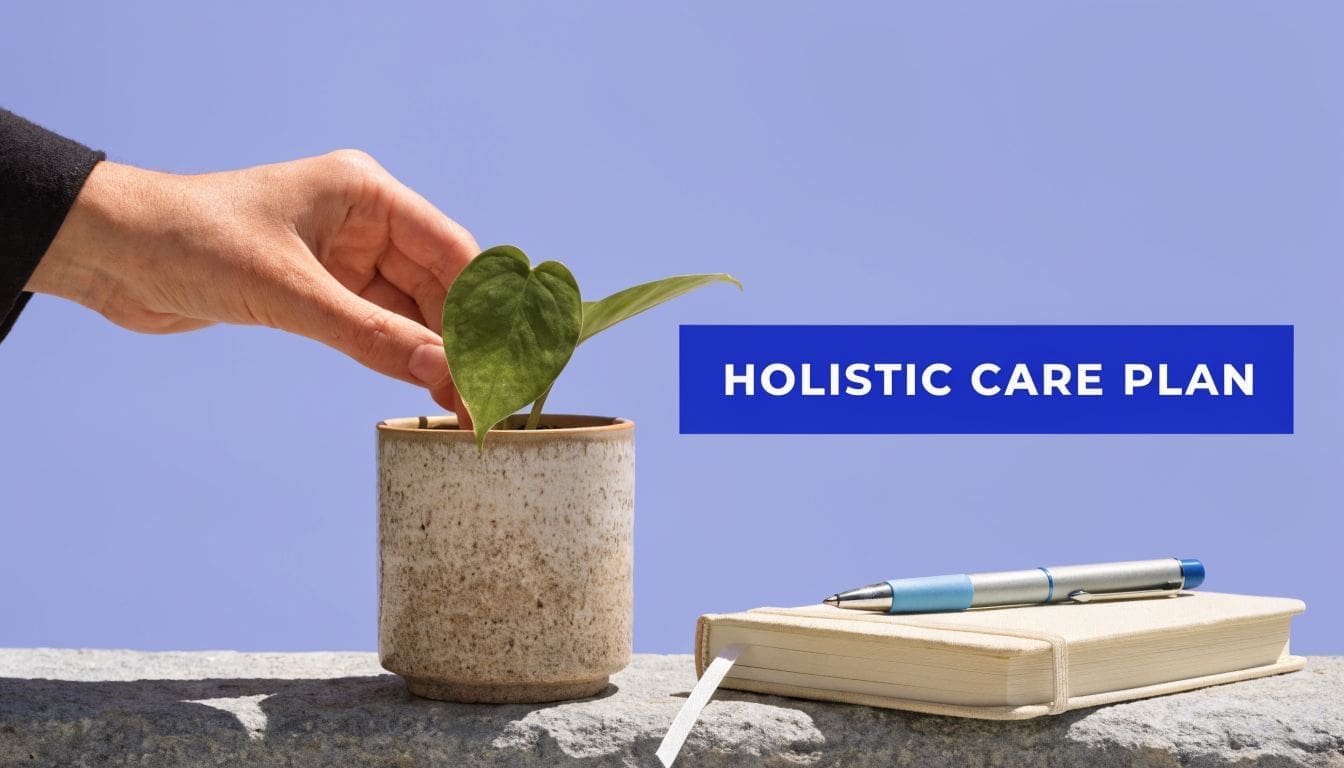 A hand touches a small potted plant next to a journal and pen on a stone ledge.