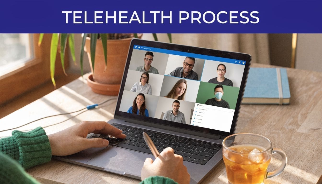 A person using a laptop to participate in a remote telehealth video conference with multiple participants.