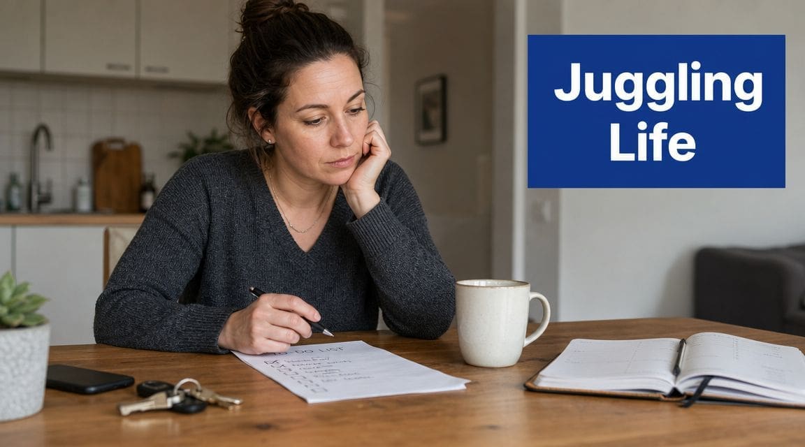 A woman looks stressed while sitting at a wooden table making a to-do list at home.