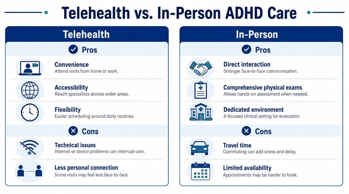 A comparison chart outlining the pros and cons of telehealth versus in-person ADHD medical care.
