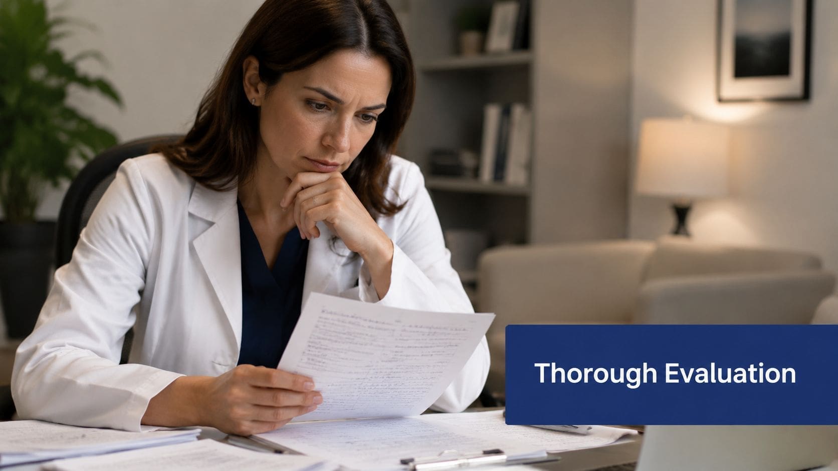 A focused female doctor in a white coat reviewing medical documents during an ADHD evaluation session.