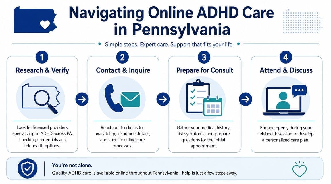 A four-step infographic showing how to find and engage in online ADHD care within Pennsylvania.