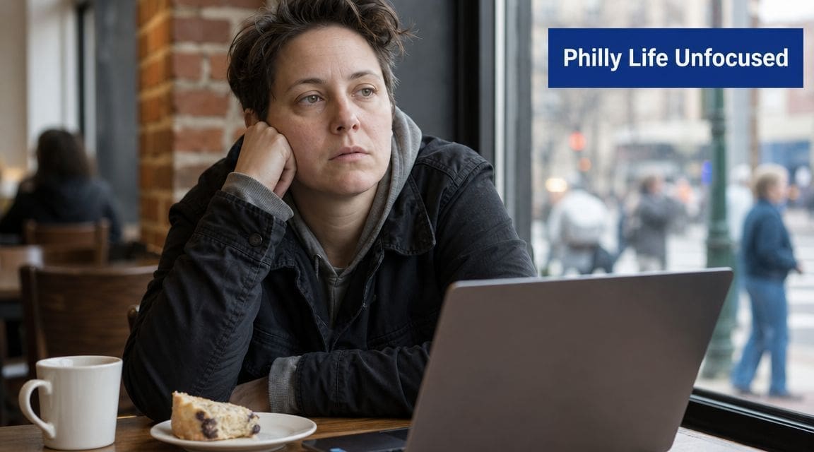 A person sitting at a cafe table with a laptop, looking thoughtful and unfocused.