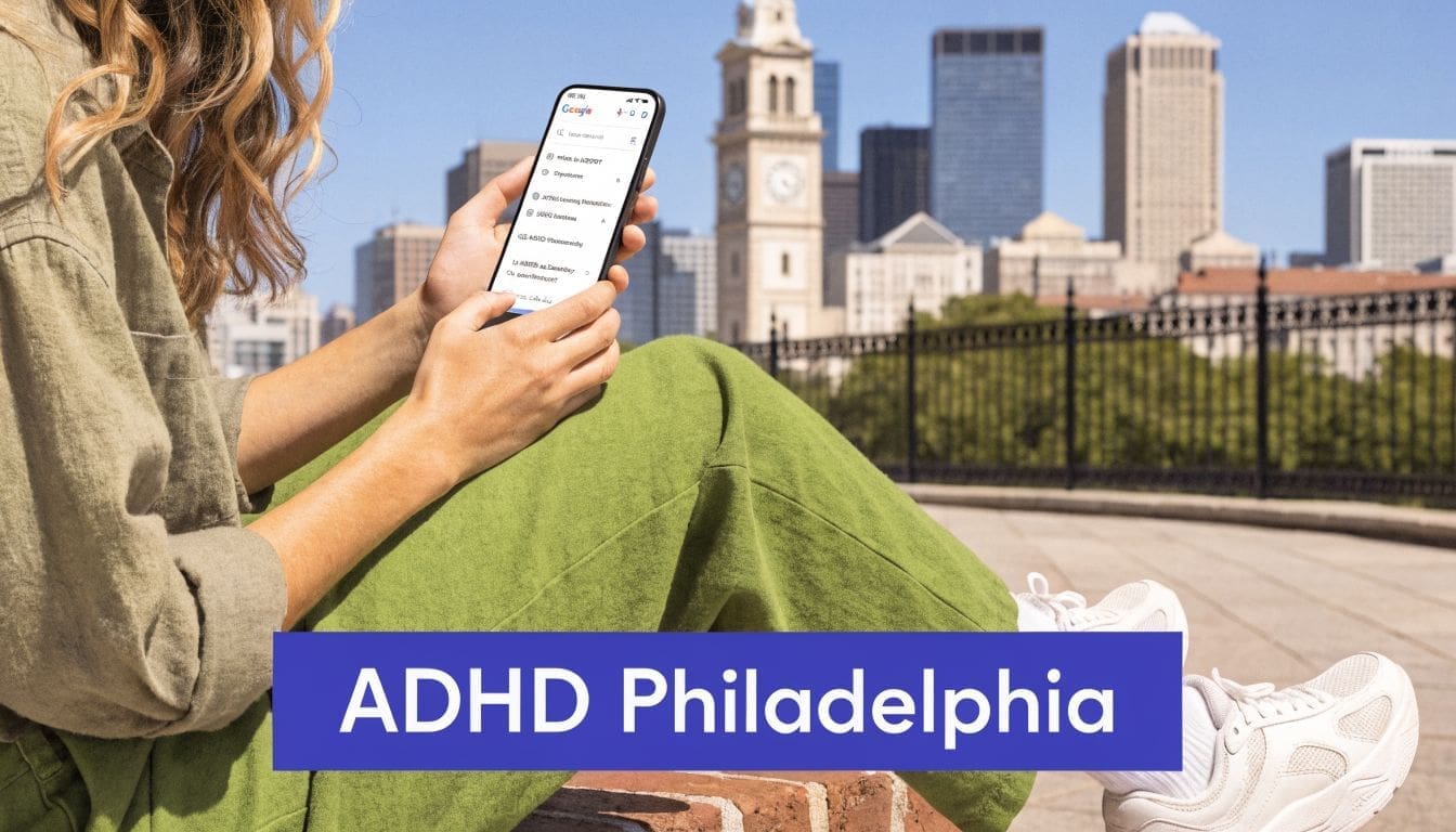 A person sitting on a brick ledge holding a smartphone with the Philadelphia skyline in the background.