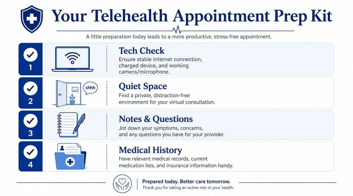 A checklist infographic titled Your Telehealth Appointment Prep Kit outlining four essential steps for virtual medical visits.