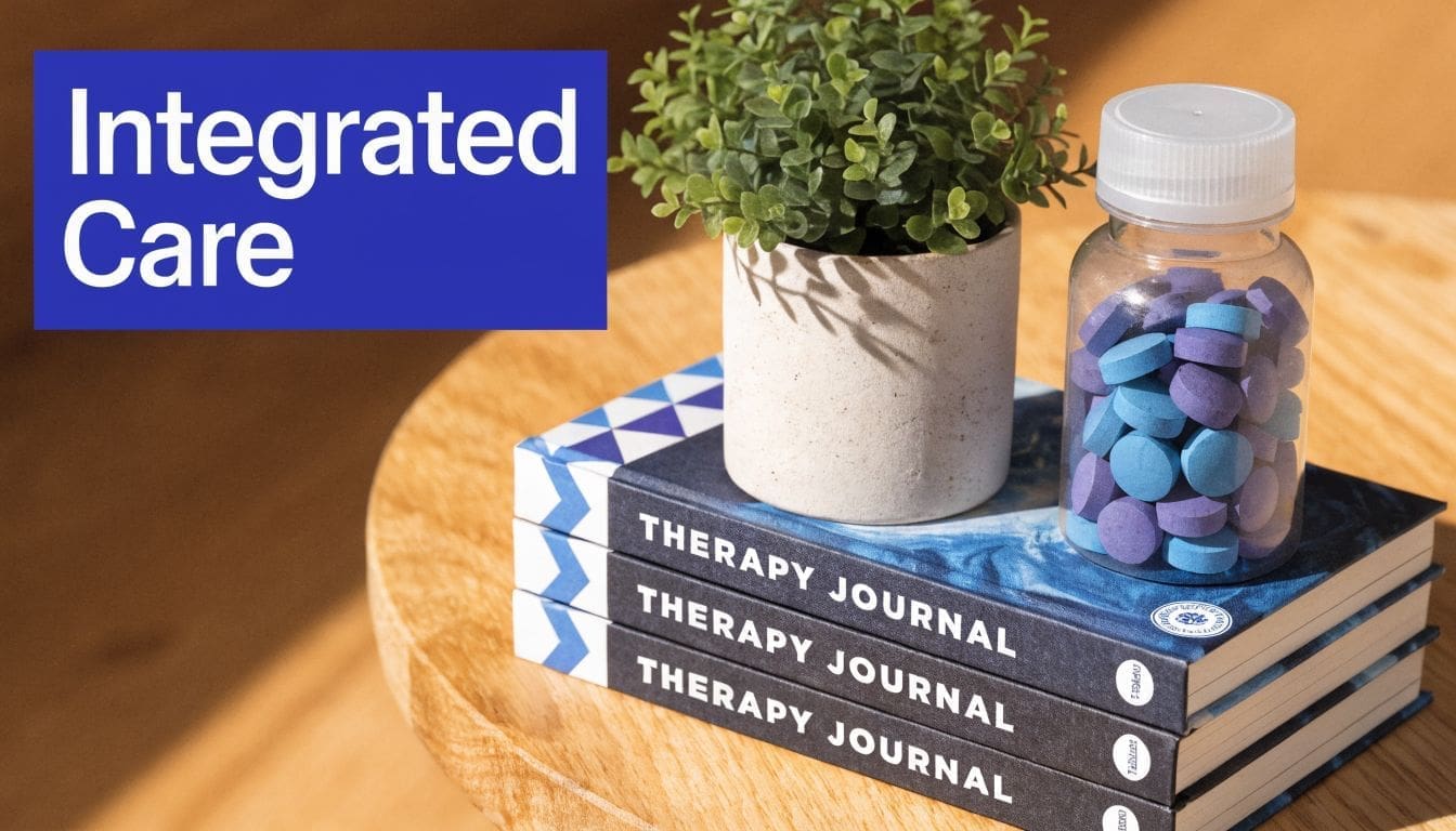 A stack of therapy journals with a small potted plant and a bottle of pills on top.