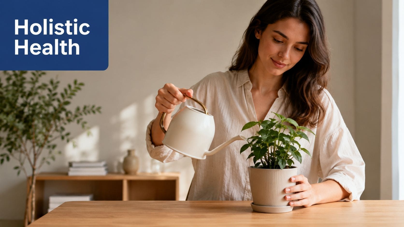 A woman caring for a potted plant at a wooden table with the text Holistic Health above