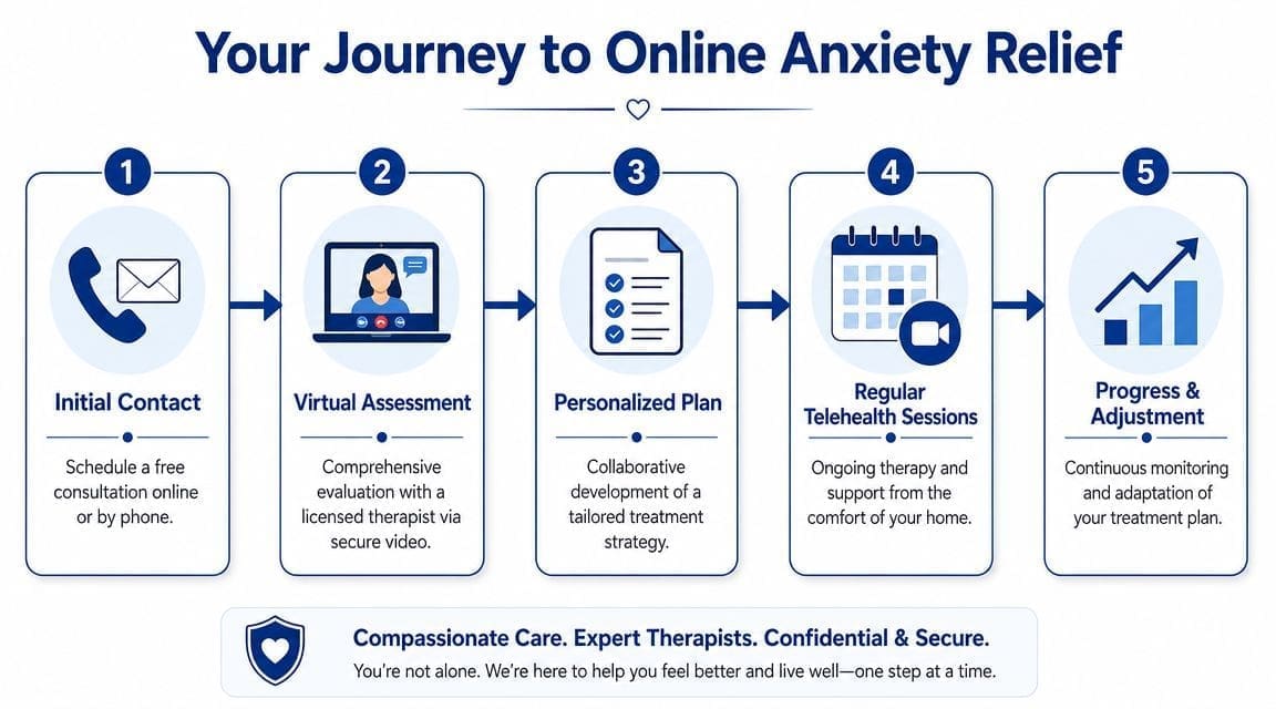 A five-step infographic showing the process of accessing online anxiety treatment from initial contact to progress monitoring.