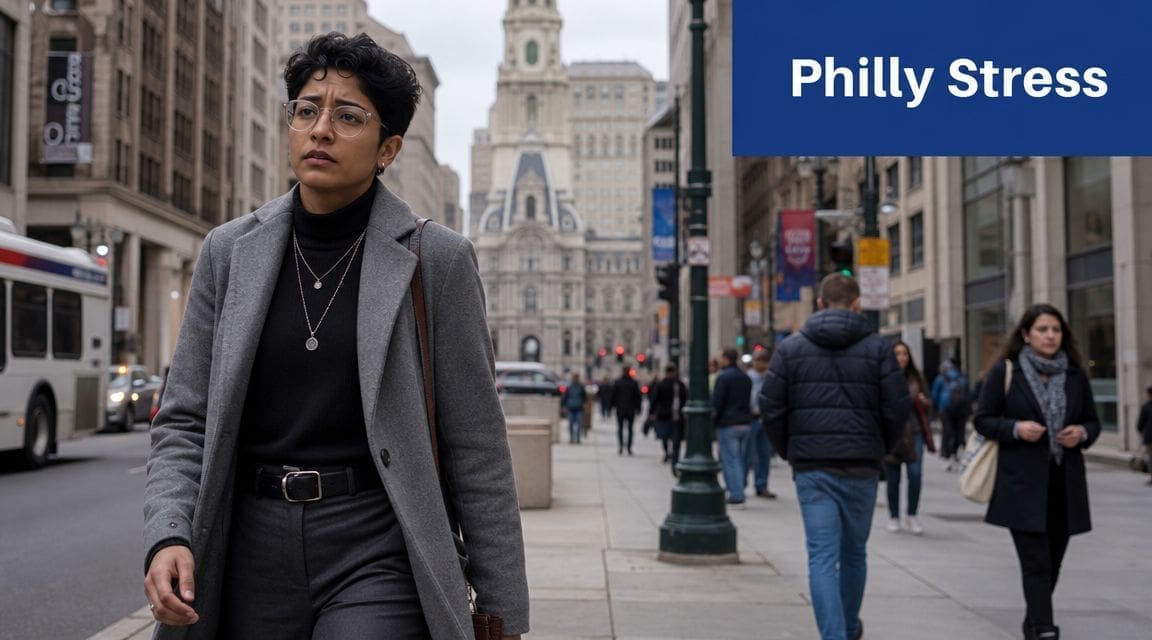 A young professional walking through a crowded street in downtown Philadelphia with a concerned expression.