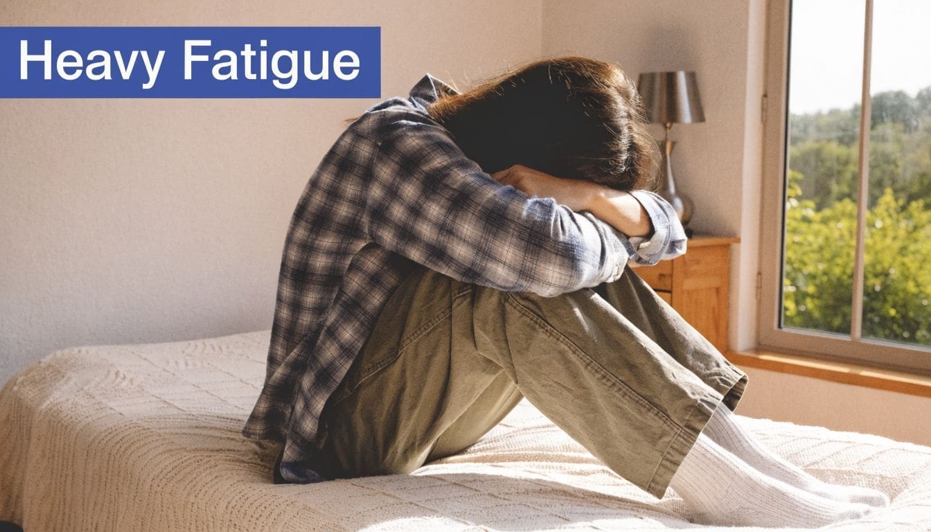 A person sitting on a bed with their head in their hands, representing exhaustion and depression.