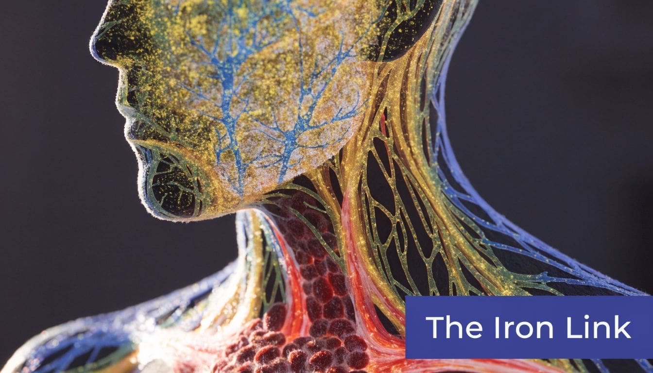 A conceptual 3D medical visualization of human head and neck anatomy with highlighted vascular and nervous systems.