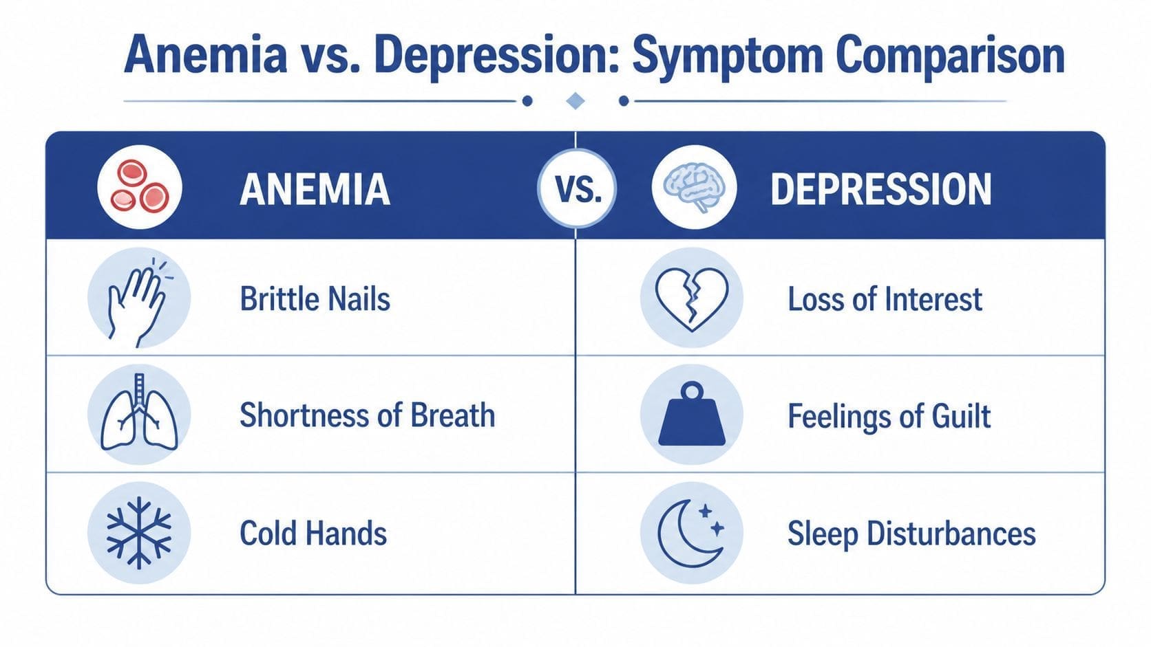 A comparison chart showing symptoms of anemia versus depression, including physical and mental health indicators.