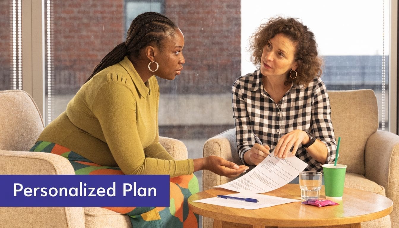 A woman discussing a personalized plan with a professional during a consultation in an office setting.