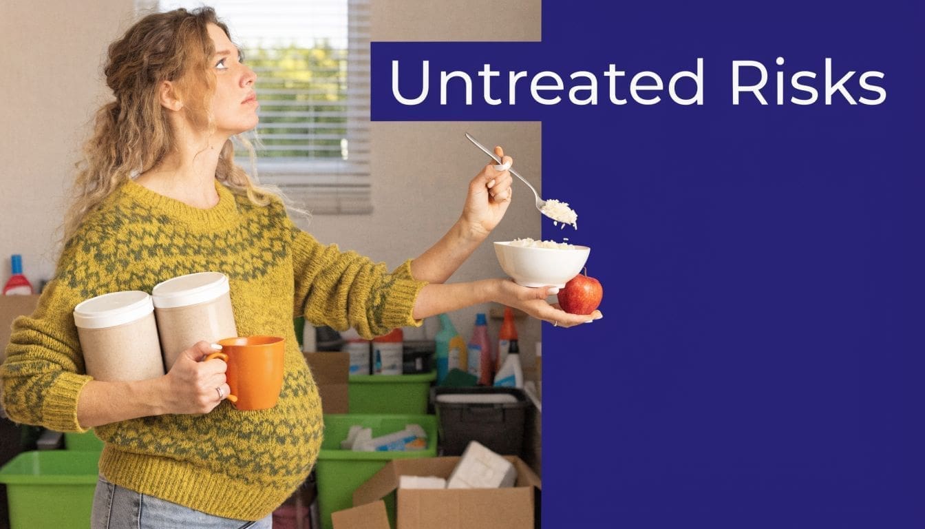 A pregnant woman holding food containers, a spoon of rice, and an apple in a cluttered room.