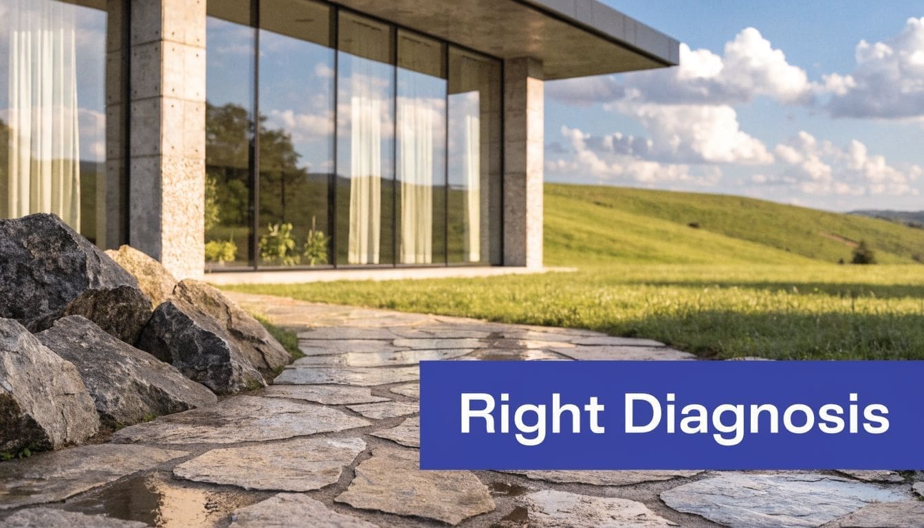A modern building with a stone walkway surrounded by a grassy field under a bright sky.