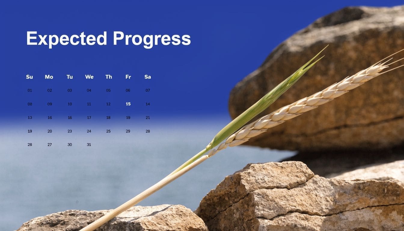 A digital calendar display titled Expected Progress featuring a close-up image of wheat stalks and rocks.