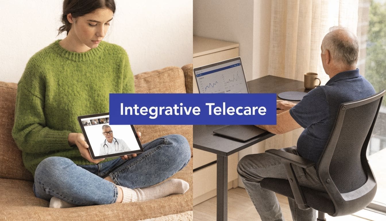 A split screen showing a young woman on a video call and an older man reviewing health data.