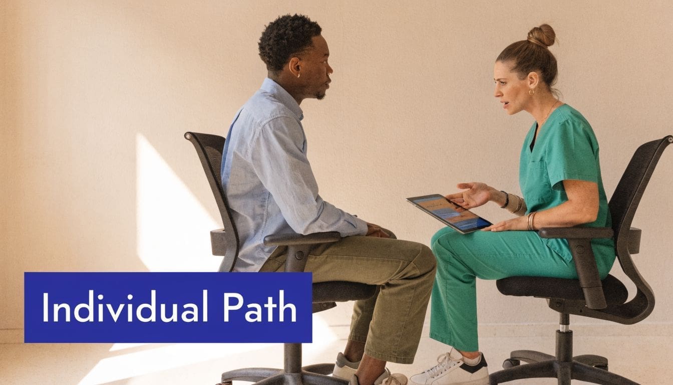 A healthcare professional discusses medical information on a digital tablet with a male patient in a clinic.
