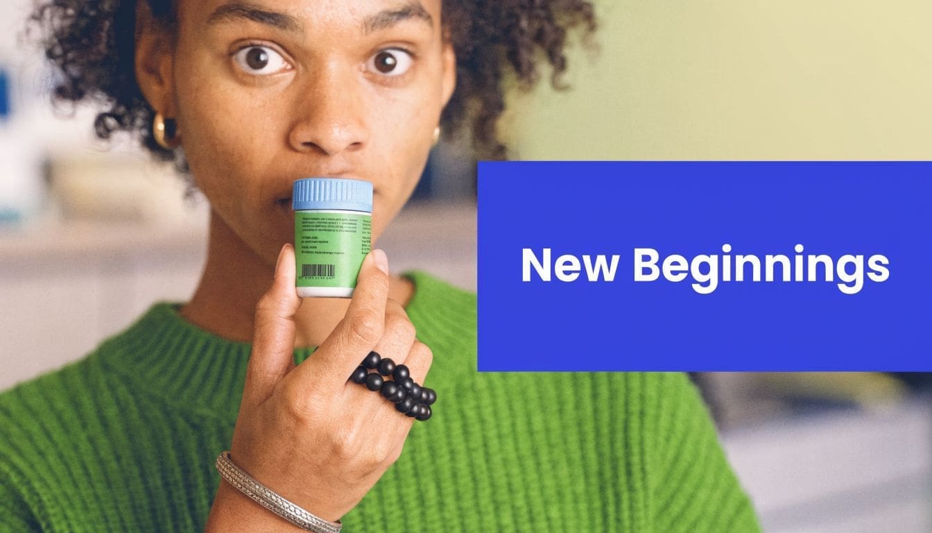 A person wearing a green sweater holds a small pill bottle while looking at the camera.