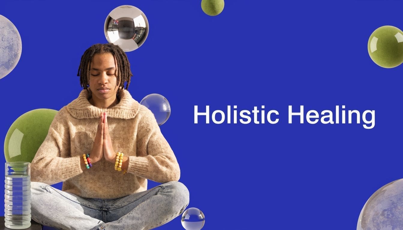 A person meditating in a beige sweater with colorful beaded bracelets on a deep blue background.