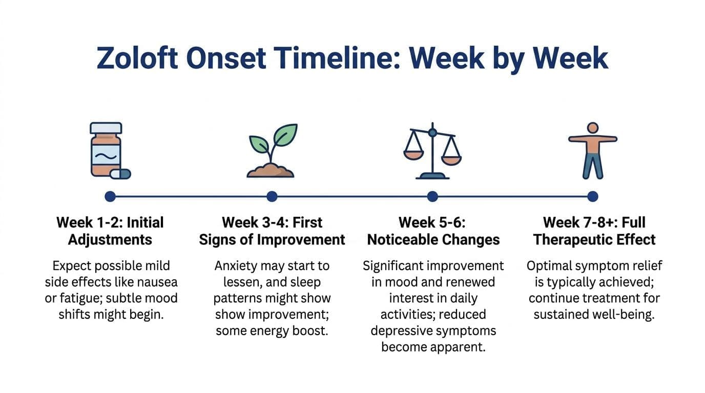 A timeline chart illustrating the progressive stages of Zoloft's effect on patients from weeks 1 to 8+.