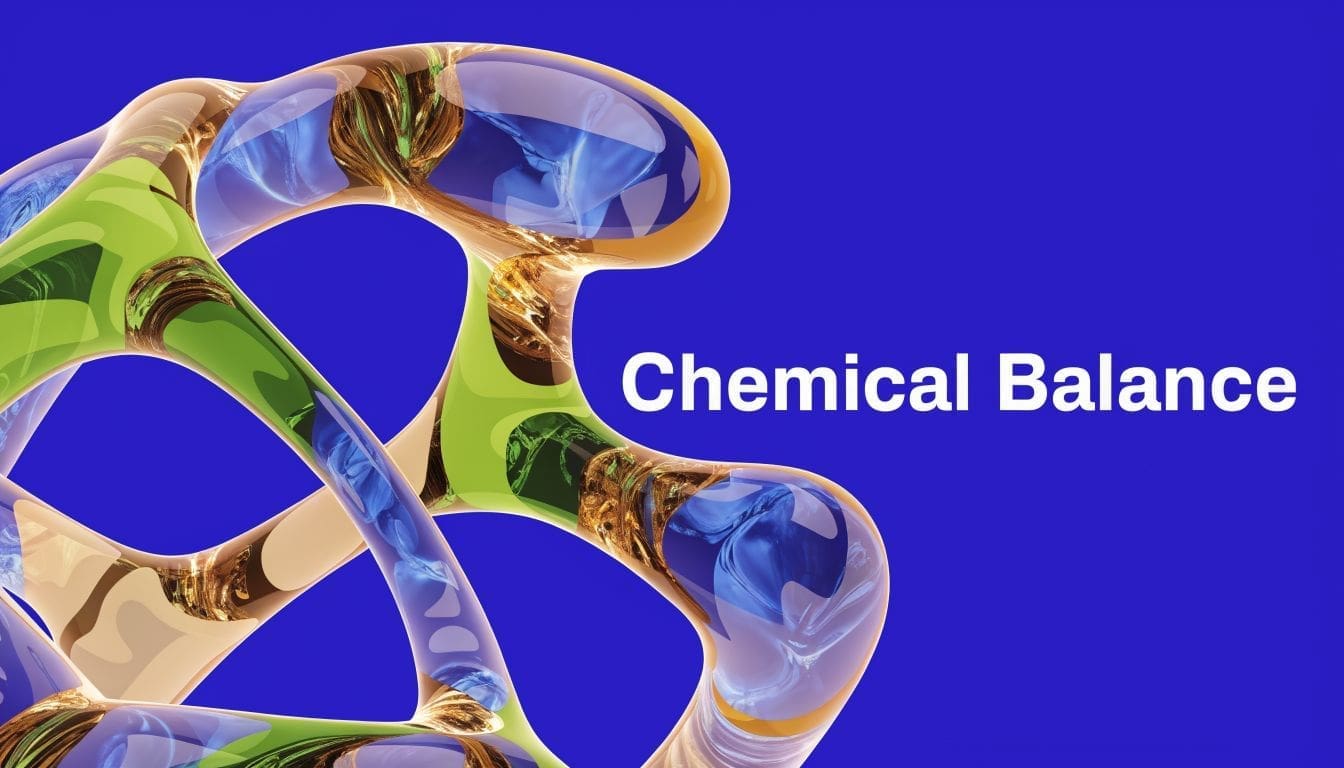 A 3D abstract sculpture with blue, green, and golden glass-like forms against a vibrant blue background.