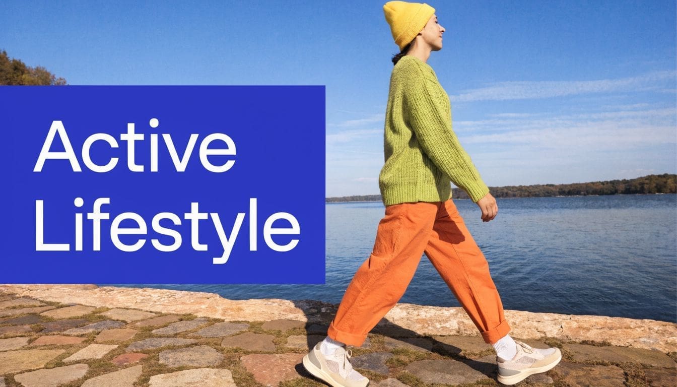 A person wearing a bright yellow beanie and green sweater walks along a stone path by water.