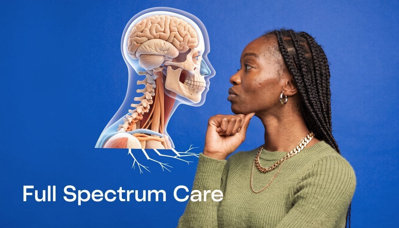 A woman thinking while looking at a 3D illustration of a human skull, brain, and nervous system.