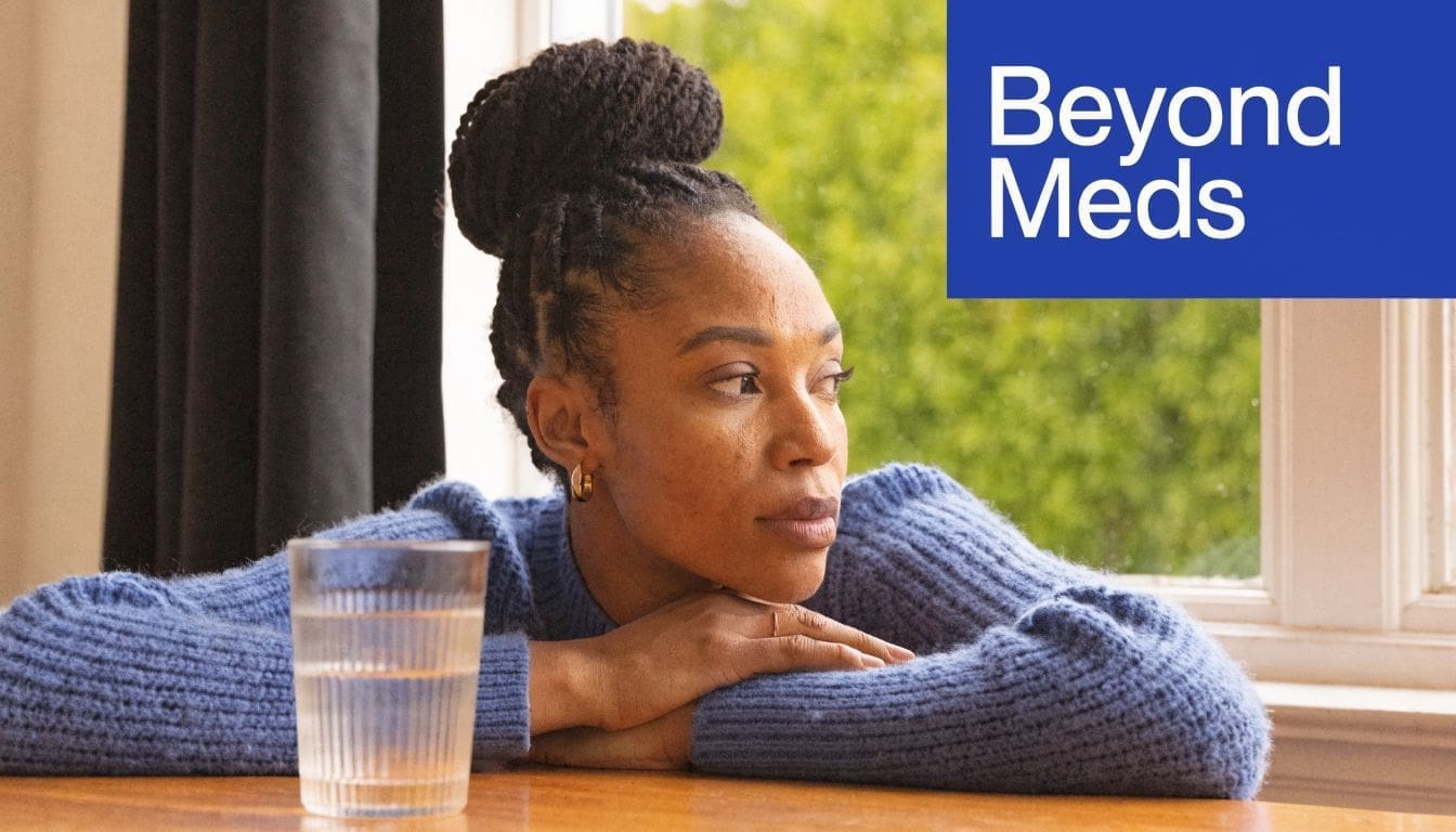 A pensive woman with braided hair leaning on a table by a window with a glass of water.