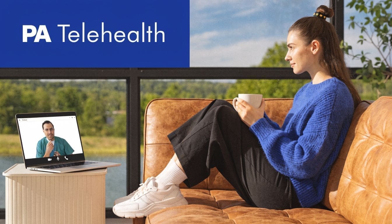 A woman sits on a leather couch at home while having a video consultation with a medical provider.