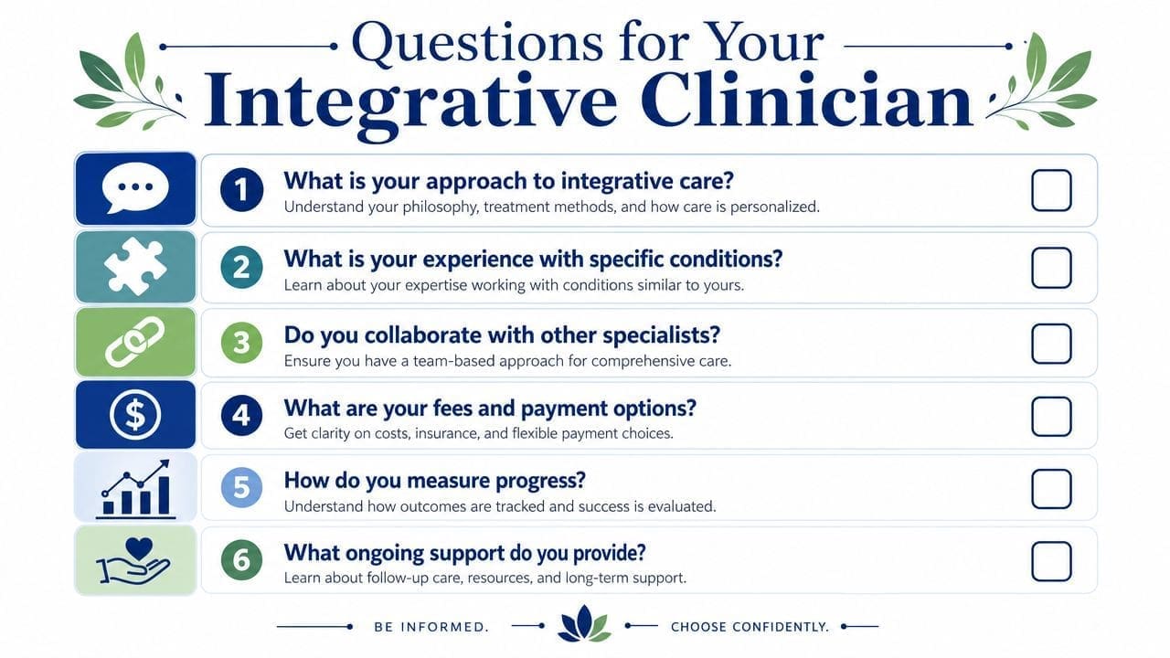 A checklist titled Questions for Your Integrative Clinician featuring six essential questions to ask during consultations.
