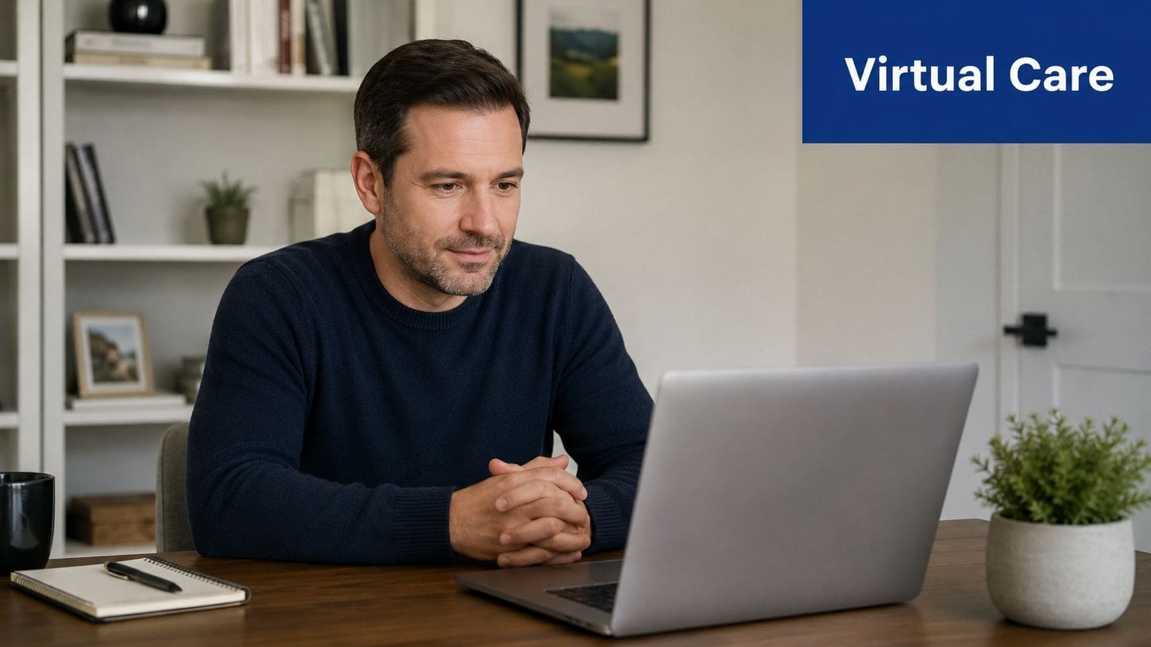 A man wearing a blue sweater using his laptop for a virtual care appointment at a desk.