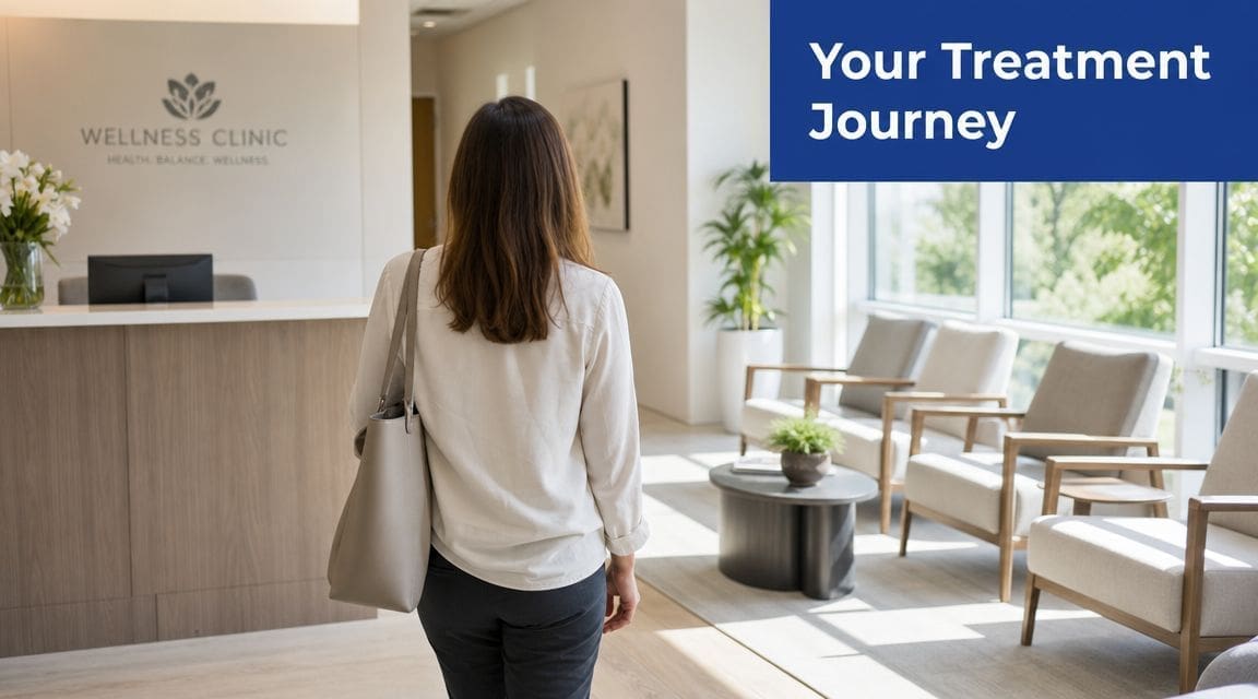A patient arrives at a modern, serene wellness clinic reception area for their scheduled treatment session.