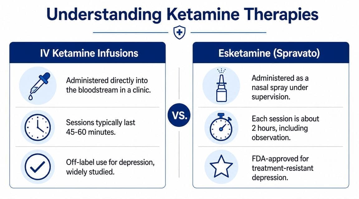 A comparison chart outlining key differences between IV Ketamine infusions and Esketamine nasal spray for depression.