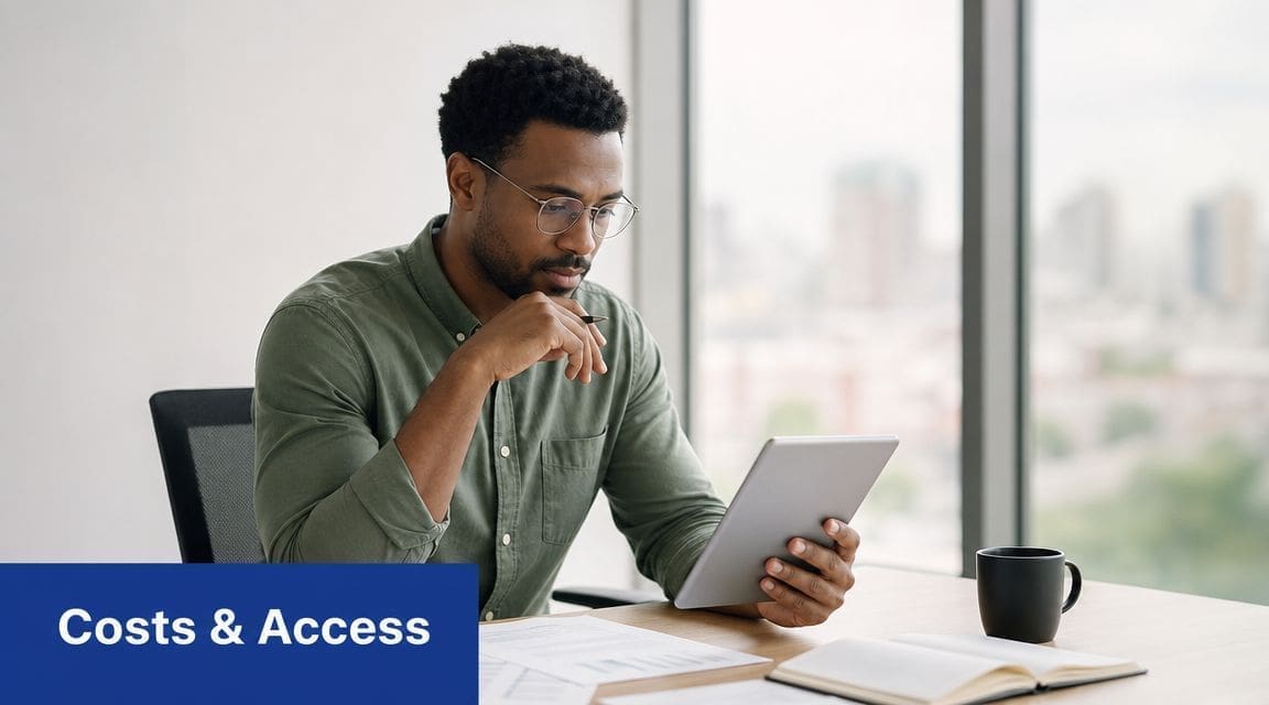 A professional man with glasses sitting at a desk and reviewing information on his digital tablet.