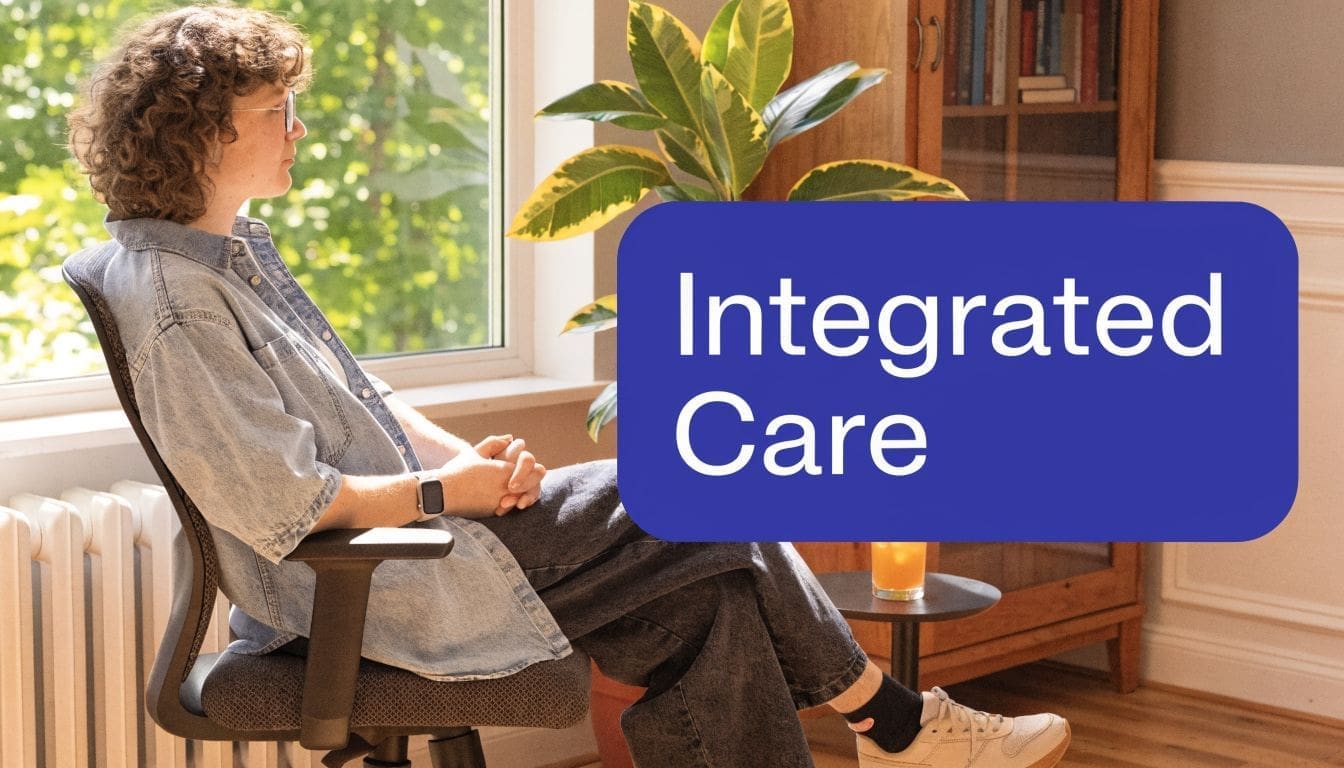 A person sitting in an office chair by a window, representing holistic mental health and integrated care.