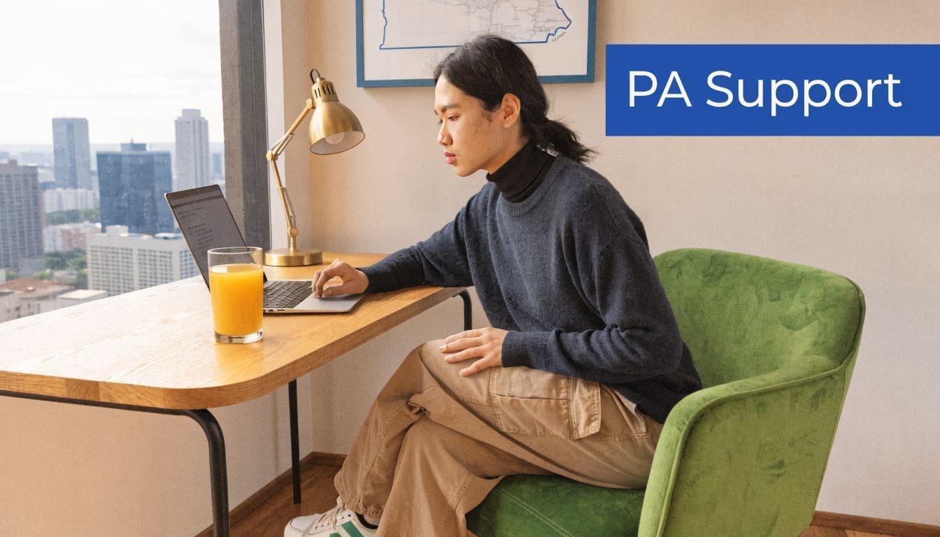 A person sitting at a desk with a laptop and a glass of juice in a bright room.