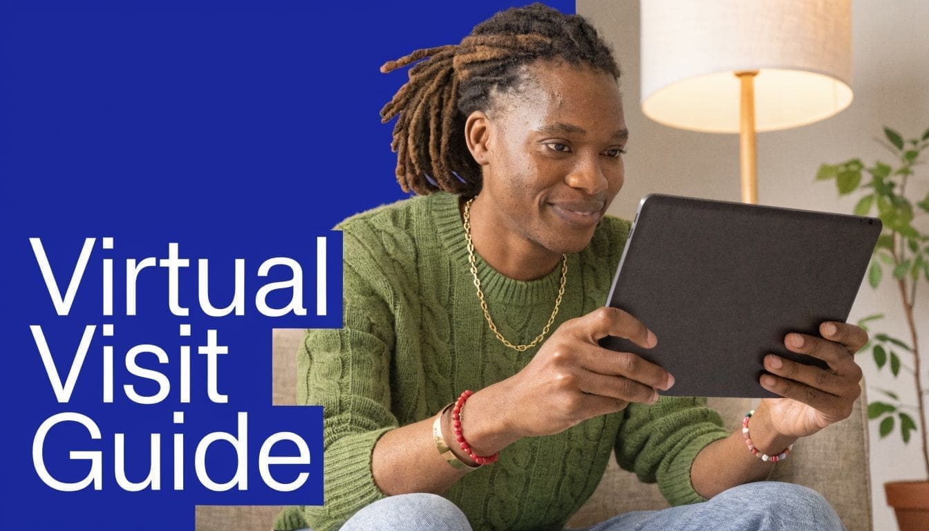 A person with locs wearing a green sweater smiles while using a digital tablet during a virtual visit.