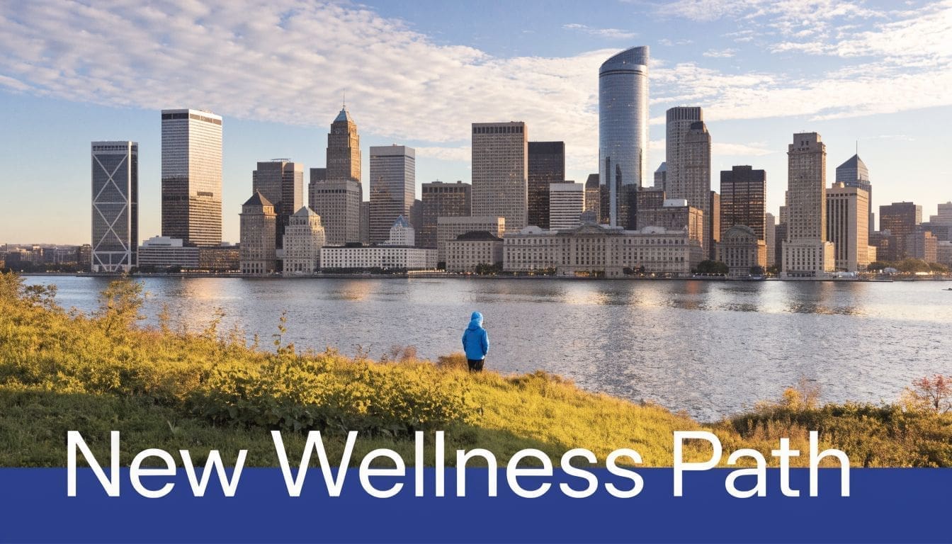 A person in a blue jacket standing on a grassy hill overlooking the Philadelphia city skyline.