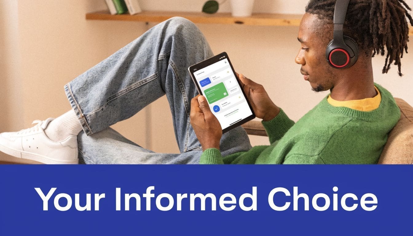 A young man with dreadlocks wearing headphones and a green sweater holds a tablet in a cozy room.