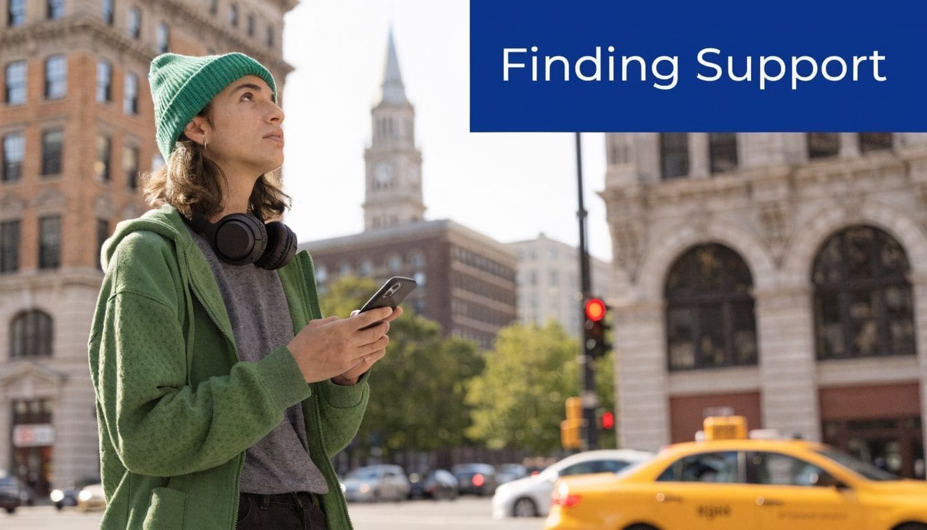 A person in a green hoodie and beanie looking up while holding a smartphone in Philadelphia.