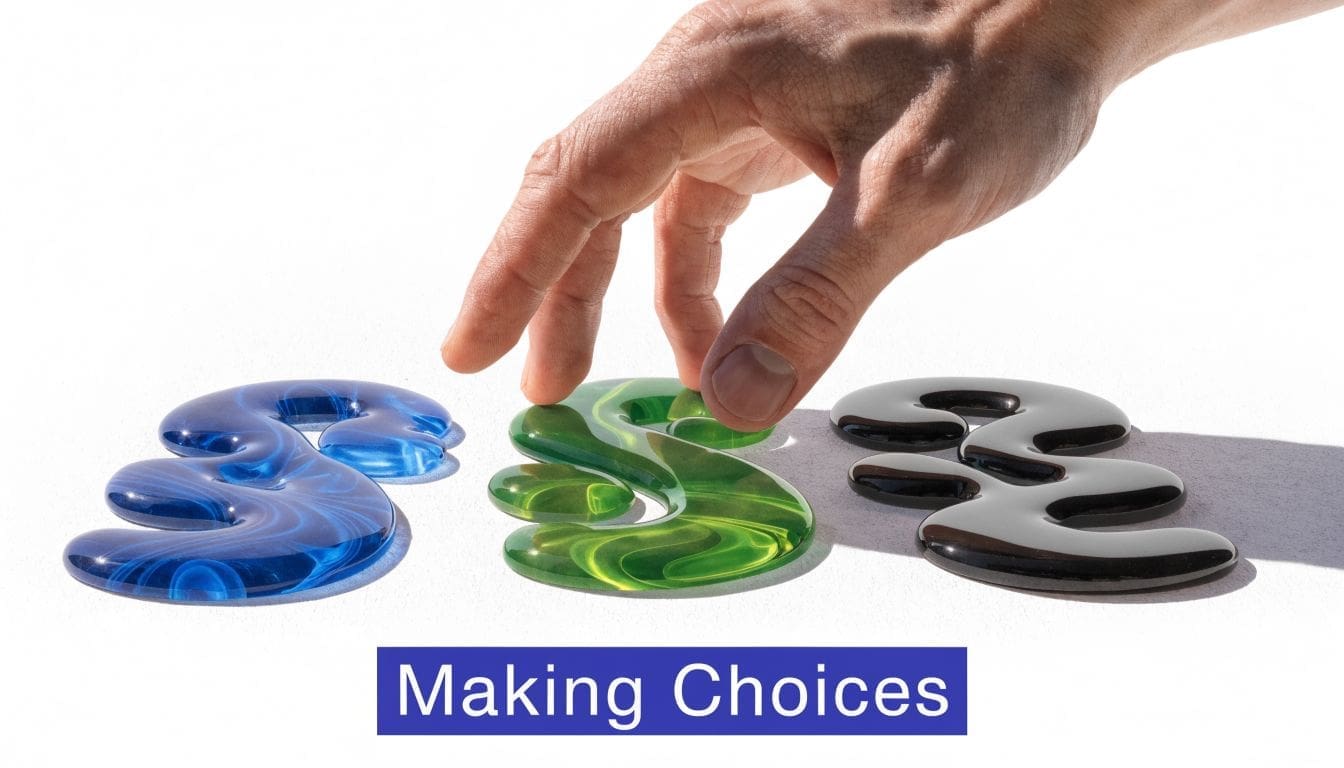 A hand reaching to select one of three colorful glass section symbols representing professional decision making.
