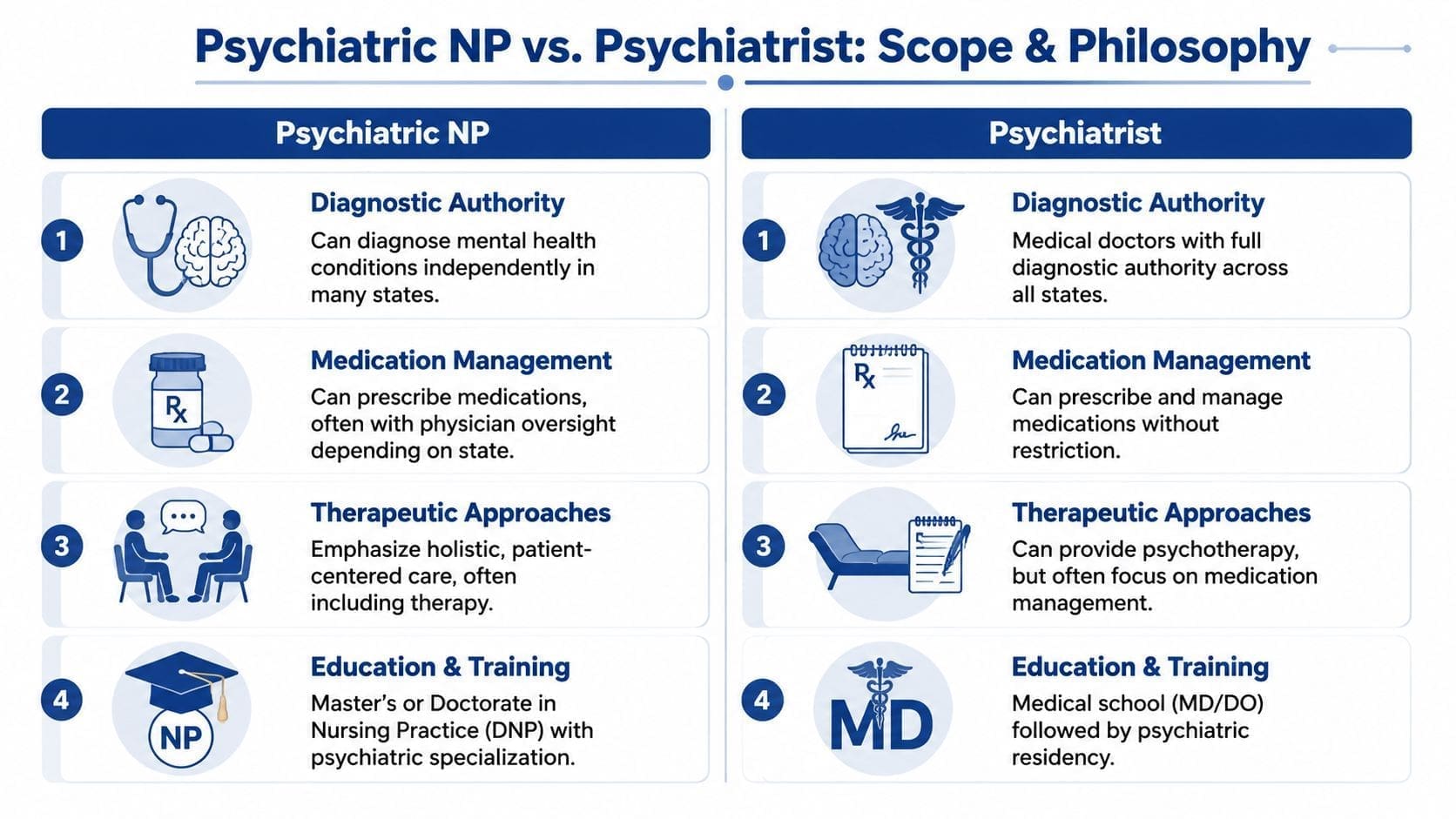 A comparison chart outlining the differences in scope and philosophy between Psychiatric Nurse Practitioners and Psychiatrists.