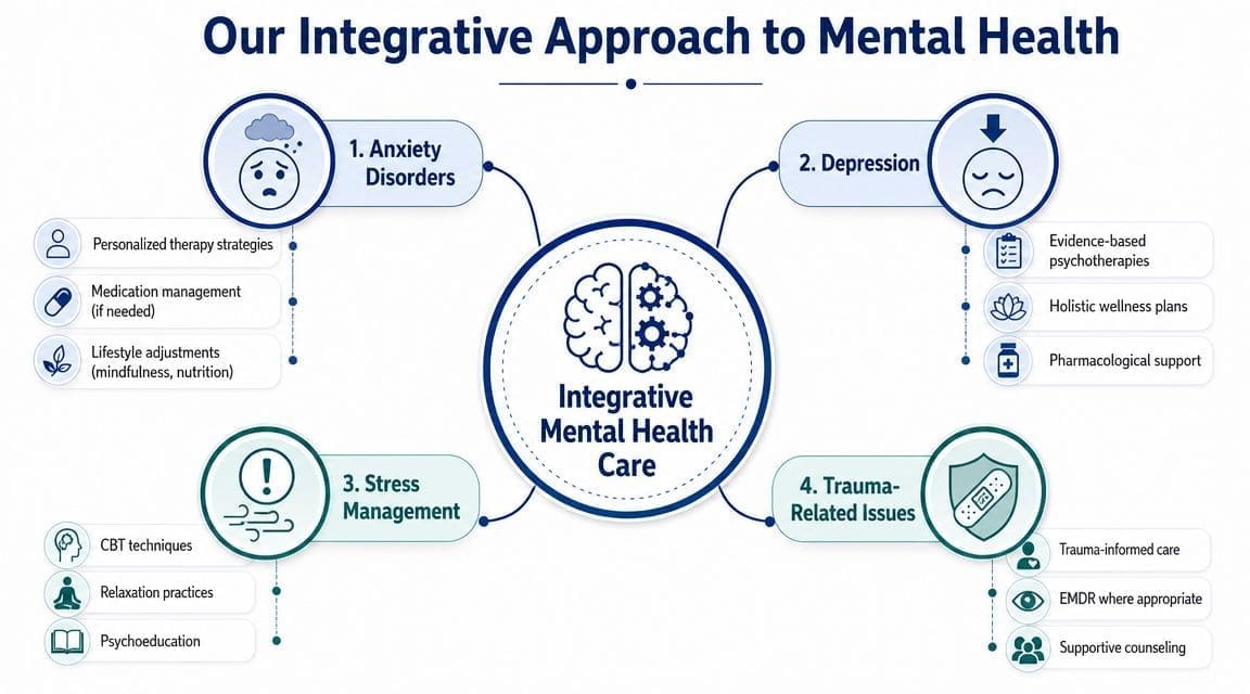 An infographic showing an integrative approach to mental health, covering anxiety, depression, stress management, and trauma-related issues.