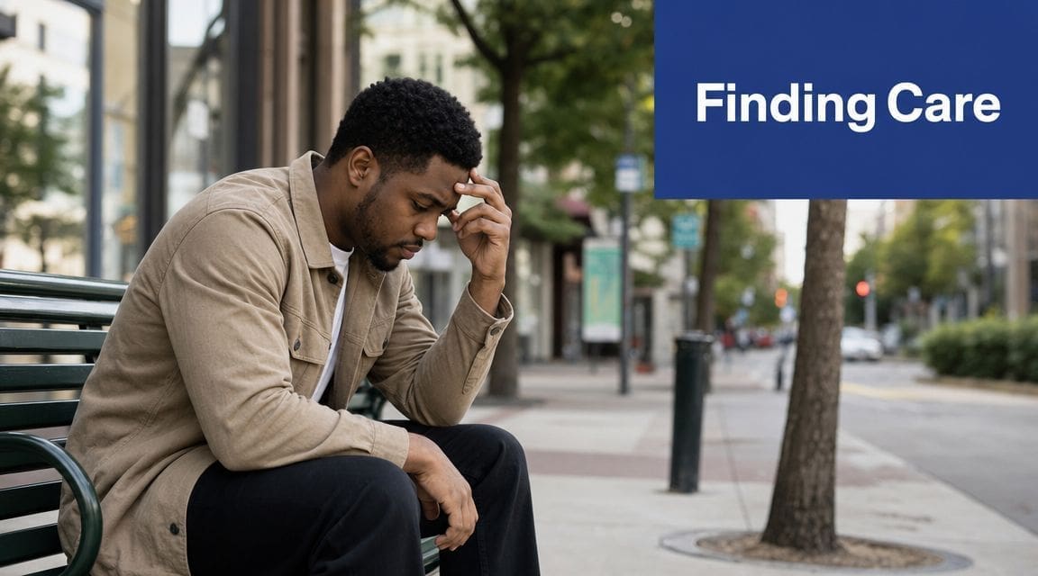 A distressed man sitting on a park bench outdoors, looking down and holding his head in thought.