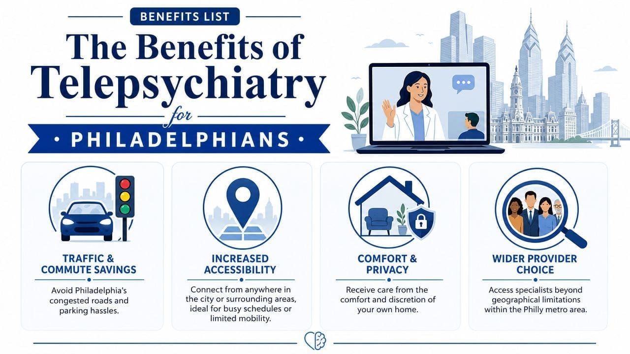 An infographic detailing the benefits of telepsychiatry for residents of Philadelphia, including convenience, privacy, and accessibility.