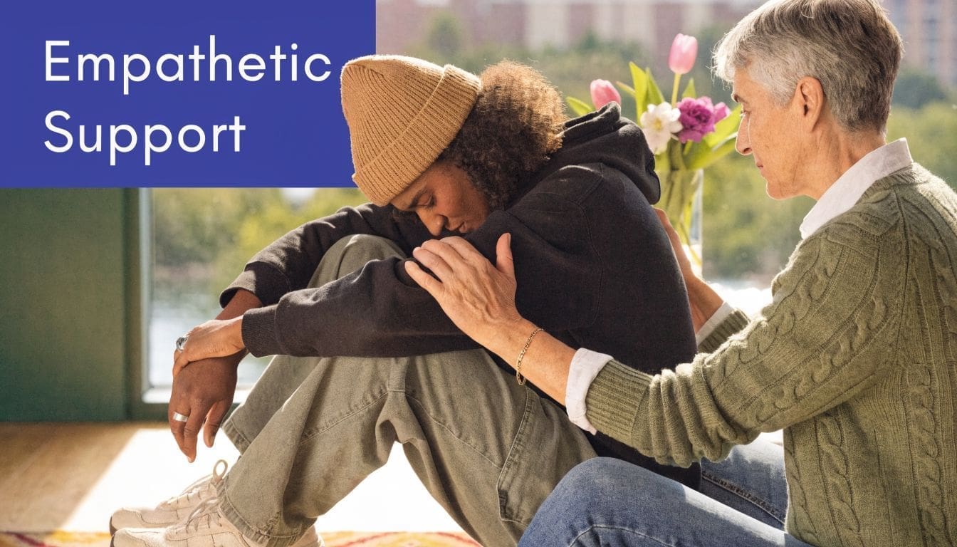 A compassionate older woman offers comfort to a distressed young person sitting on the floor indoors.
