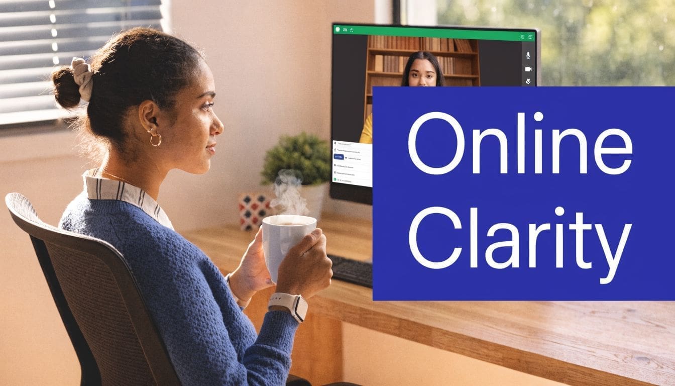 A woman holding a warm cup of coffee while participating in an online video therapy session.