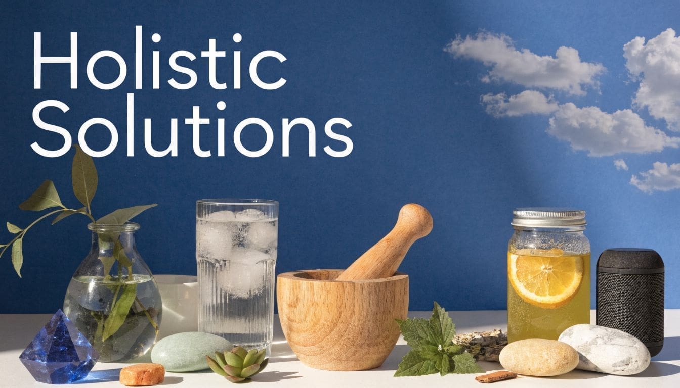 A collection of holistic wellness items including a glass of ice water, mortar, pestle, plants, and fruit.