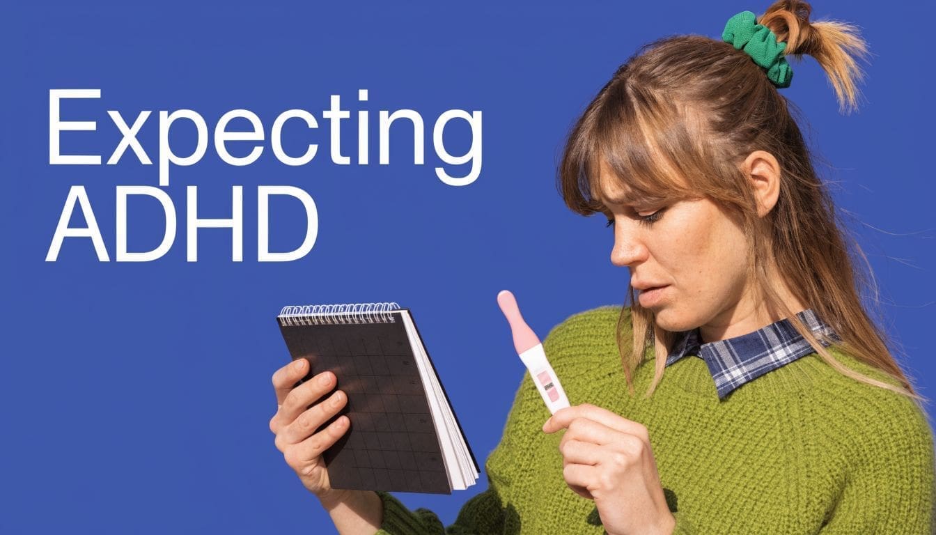 A concerned woman holding a notebook and a pregnancy test against a solid blue background.